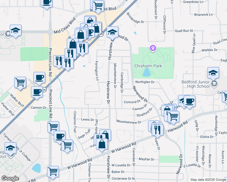 map of restaurants, bars, coffee shops, grocery stores, and more near 2128 Hurstview Drive in Hurst