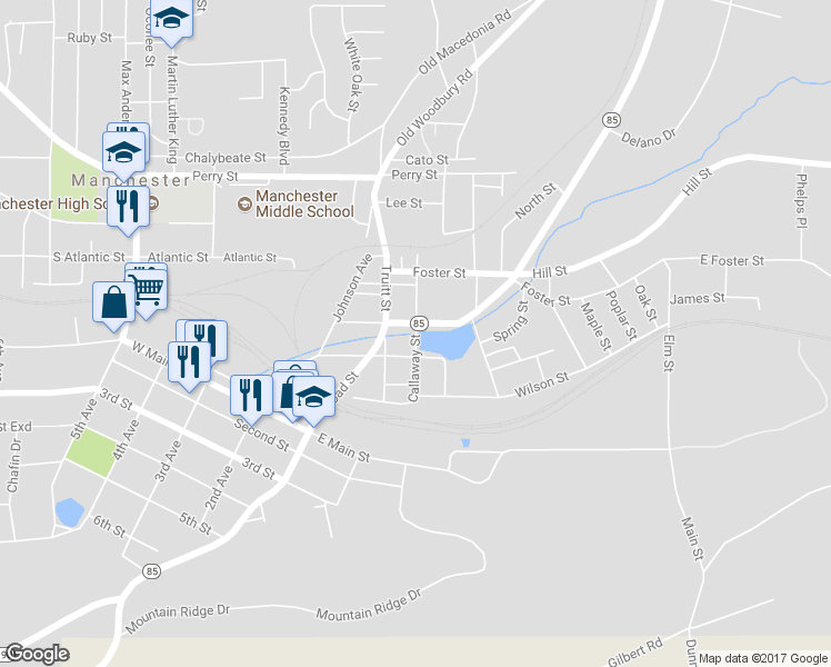 map of restaurants, bars, coffee shops, grocery stores, and more near Callaway Street in Manchester