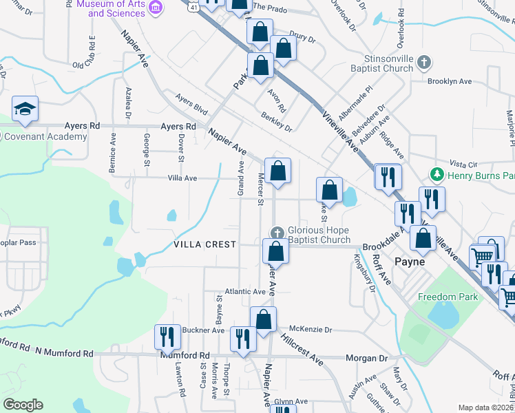 map of restaurants, bars, coffee shops, grocery stores, and more near 3877 Grand Avenue in Macon