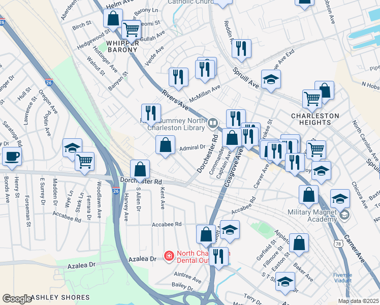 map of restaurants, bars, coffee shops, grocery stores, and more near 3528 Admiral Drive in North Charleston