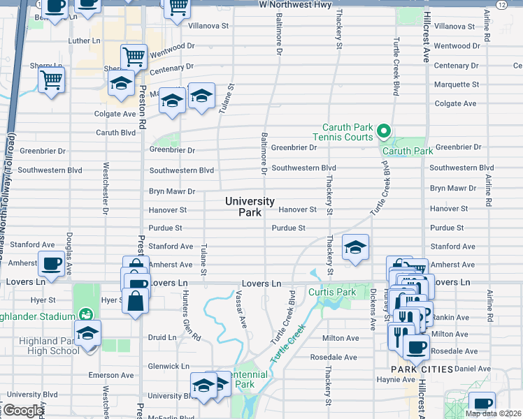 map of restaurants, bars, coffee shops, grocery stores, and more near 3715 Hanover Street in Dallas