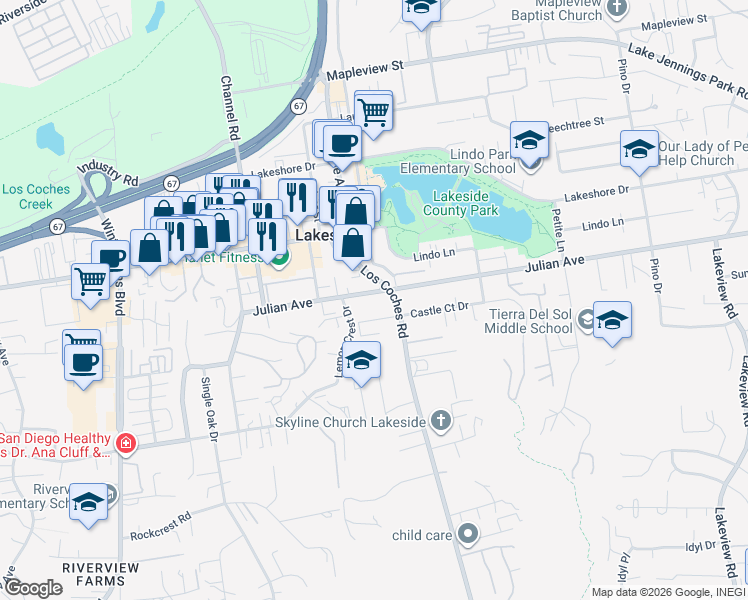 map of restaurants, bars, coffee shops, grocery stores, and more near 12525 Julian Avenue in Lakeside