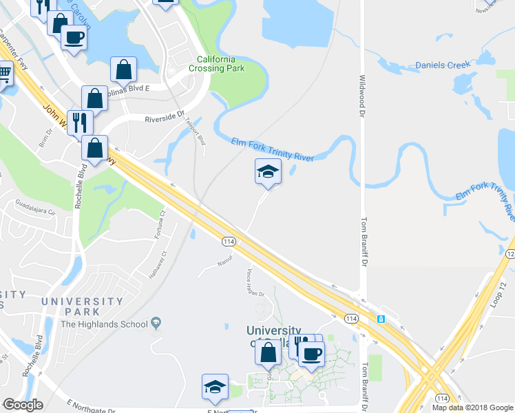 map of restaurants, bars, coffee shops, grocery stores, and more near Cistercian Rd in Irving