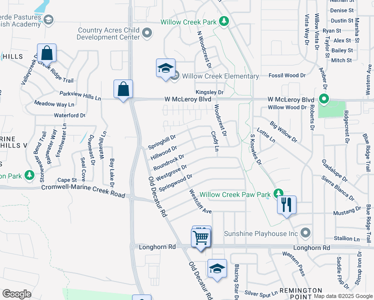 map of restaurants, bars, coffee shops, grocery stores, and more near 1079 Roundrock Drive in Saginaw