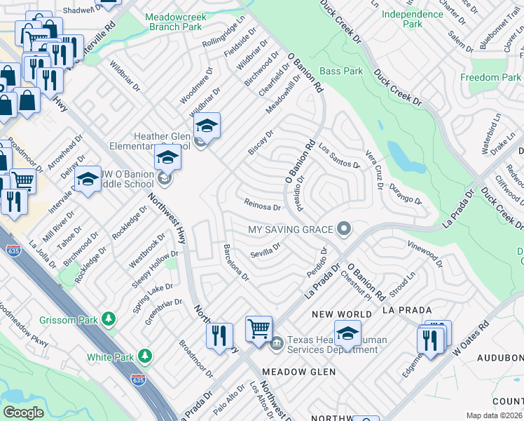 map of restaurants, bars, coffee shops, grocery stores, and more near 526 Reinosa Drive in Garland