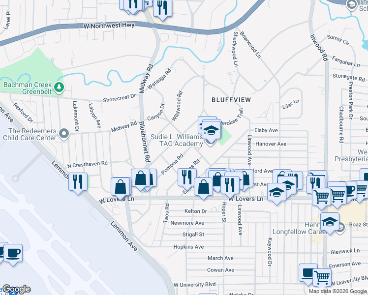 map of restaurants, bars, coffee shops, grocery stores, and more near 4415 Pomona Road in Dallas