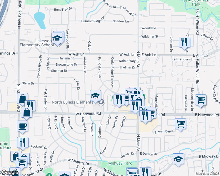 map of restaurants, bars, coffee shops, grocery stores, and more near 1301 Roundtree Drive in Euless