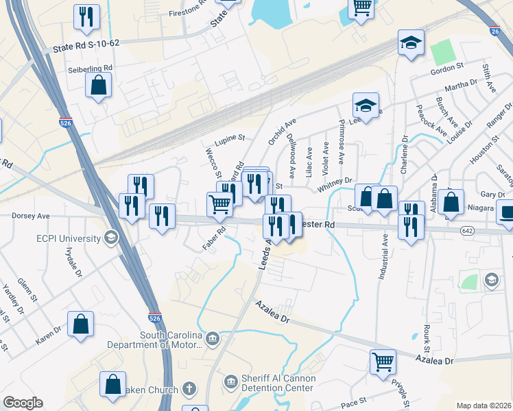 map of restaurants, bars, coffee shops, grocery stores, and more near 4400 Dorchester Road in North Charleston