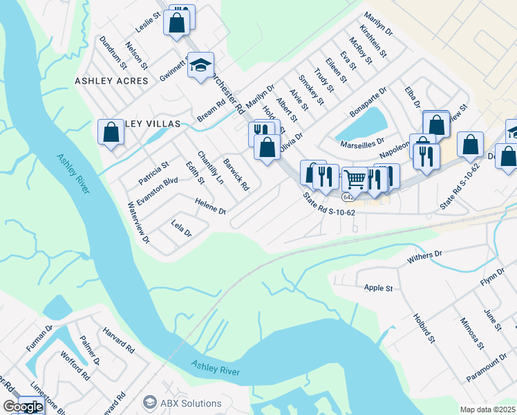 map of restaurants, bars, coffee shops, grocery stores, and more near 4708 Fetteressa Avenue in North Charleston
