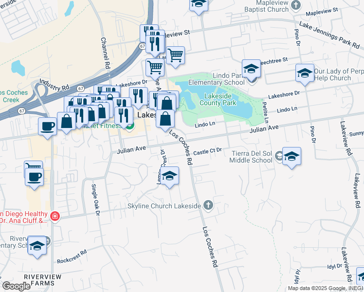 map of restaurants, bars, coffee shops, grocery stores, and more near 9688 Los Coches Road in Lakeside