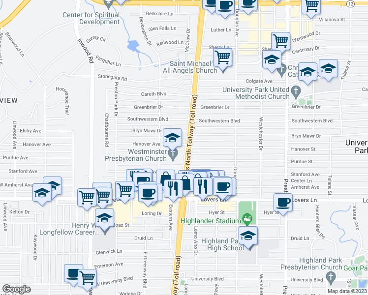 map of restaurants, bars, coffee shops, grocery stores, and more near 5750 Hanover Avenue in Dallas