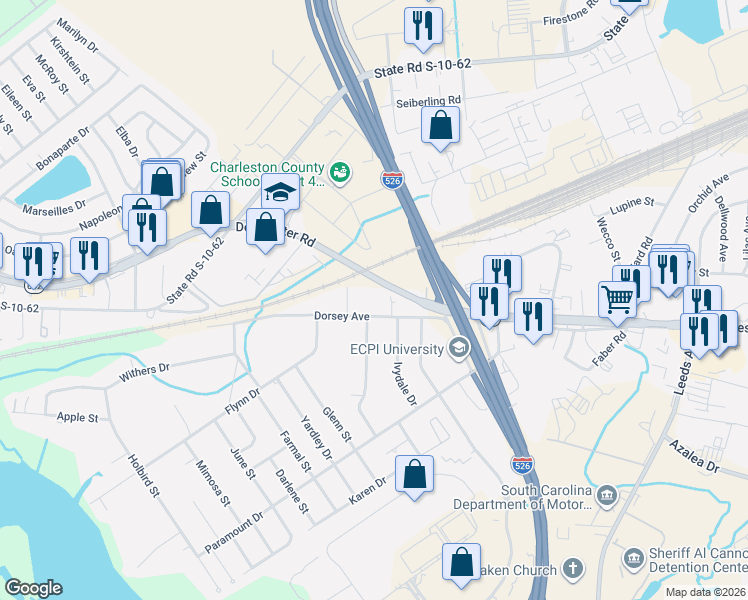 map of restaurants, bars, coffee shops, grocery stores, and more near 3934 Dorsey Avenue in North Charleston