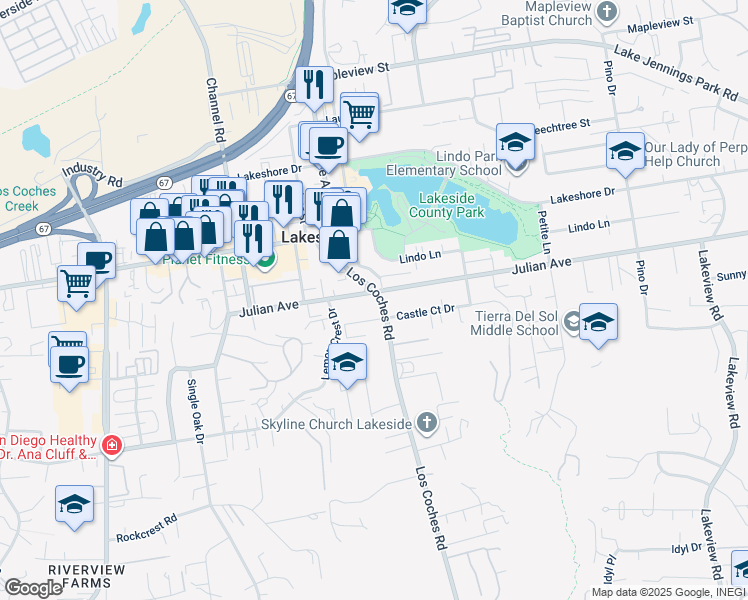 map of restaurants, bars, coffee shops, grocery stores, and more near 9655 Los Coches Road in Lakeside