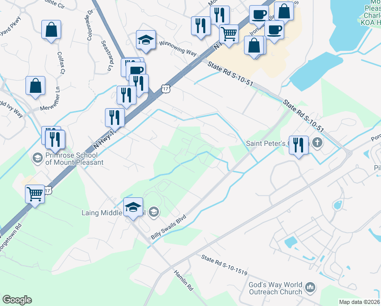 map of restaurants, bars, coffee shops, grocery stores, and more near 1179 Dan Road in Mount Pleasant