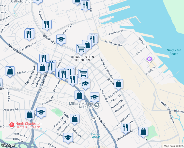 map of restaurants, bars, coffee shops, grocery stores, and more near 1919 Success Street in North Charleston