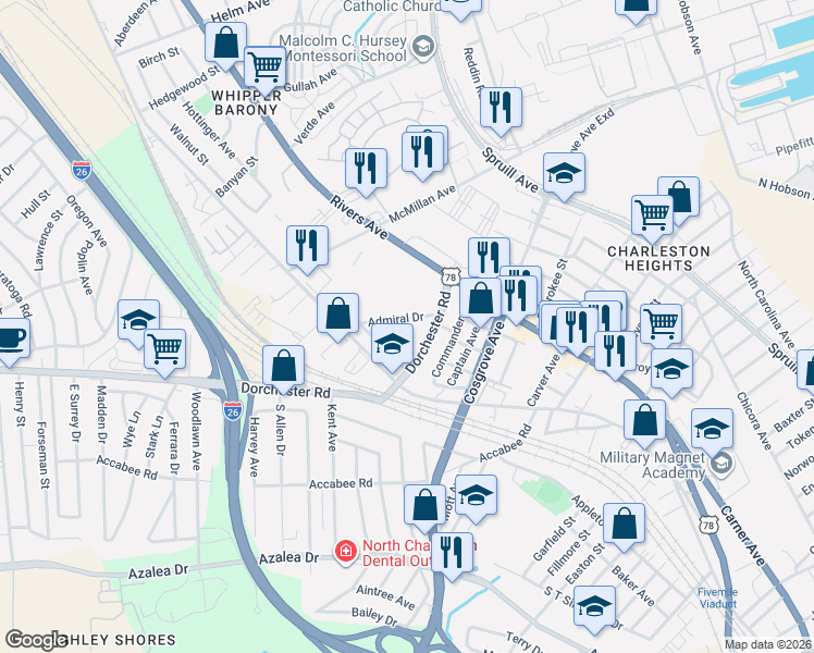 map of restaurants, bars, coffee shops, grocery stores, and more near 2134 Dorchester Road in North Charleston
