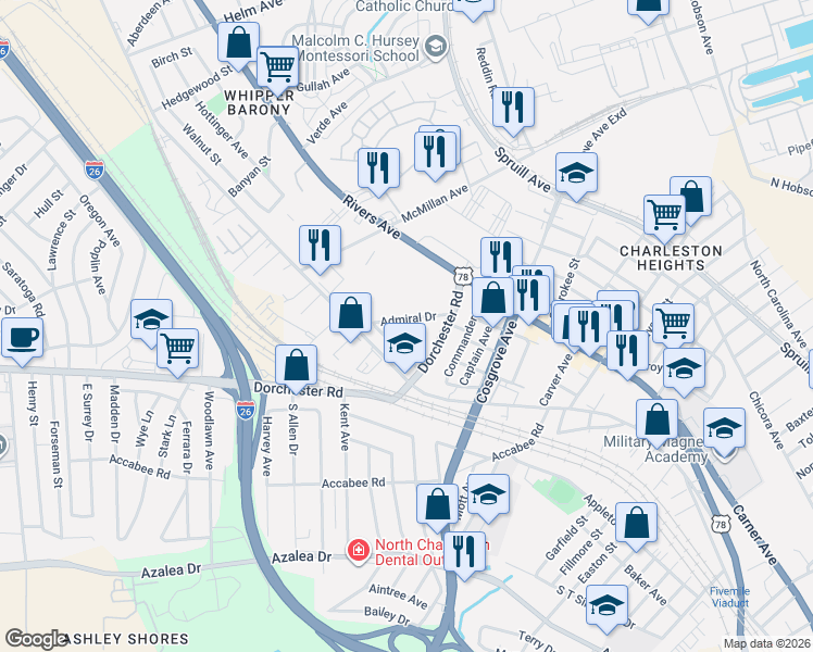 map of restaurants, bars, coffee shops, grocery stores, and more near 3516 Admiral Drive in North Charleston