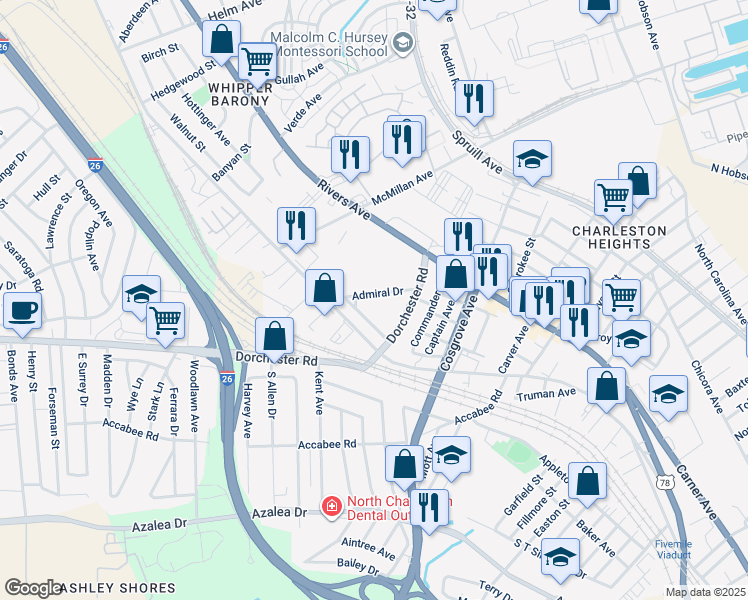 map of restaurants, bars, coffee shops, grocery stores, and more near 3516 Admiral Drive in North Charleston