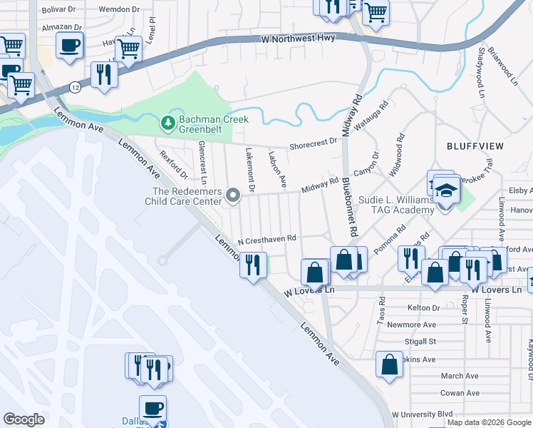 map of restaurants, bars, coffee shops, grocery stores, and more near 8419 Ridgelea Street in Dallas