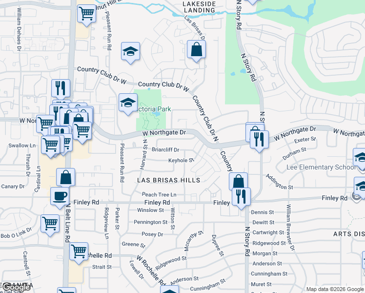 map of restaurants, bars, coffee shops, grocery stores, and more near 2600 Briarcliff Drive in Irving
