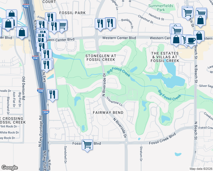 map of restaurants, bars, coffee shops, grocery stores, and more near 6148 North Riverside Drive in Fort Worth