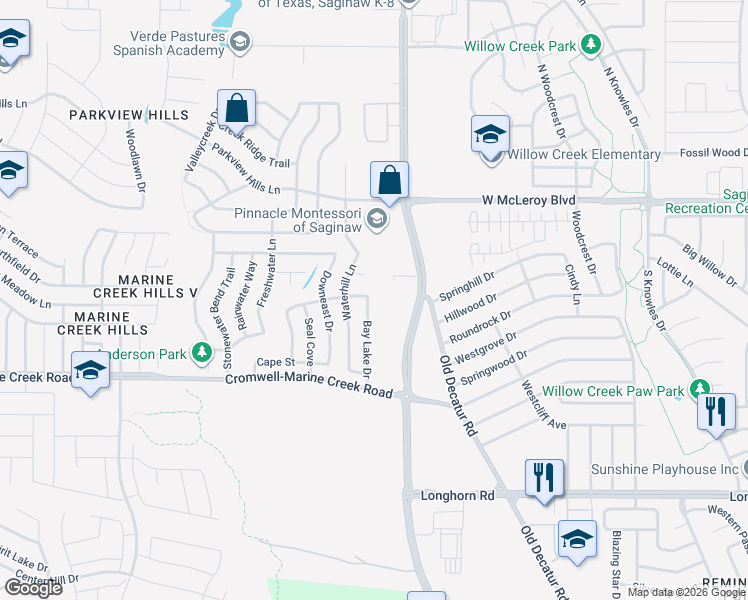 map of restaurants, bars, coffee shops, grocery stores, and more near 6424 Bay Lake Drive in Fort Worth