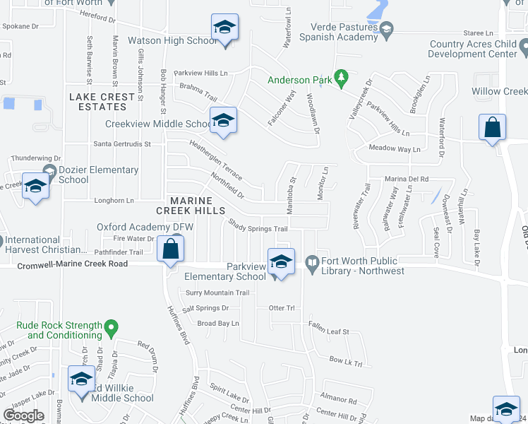 map of restaurants, bars, coffee shops, grocery stores, and more near 5516 Stone Meadow Lane in Fort Worth