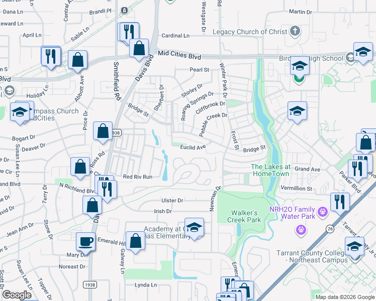 map of restaurants, bars, coffee shops, grocery stores, and more near 8224 Euclid Avenue in North Richland Hills