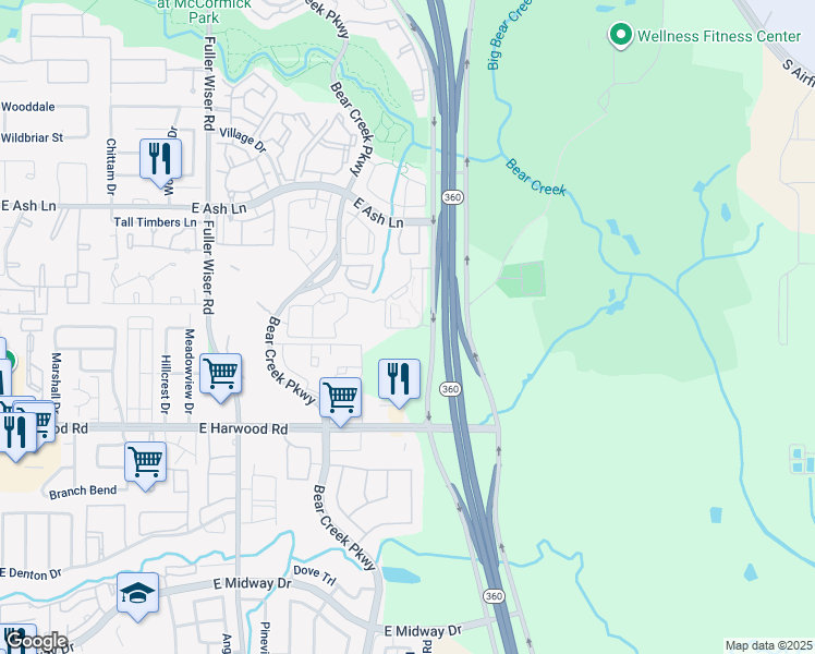 map of restaurants, bars, coffee shops, grocery stores, and more near 1401 North State Highway 360 in Grand Prairie