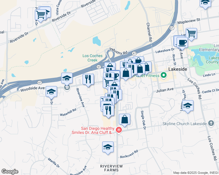 map of restaurants, bars, coffee shops, grocery stores, and more near 9730 Winter Gardens Boulevard in Lakeside