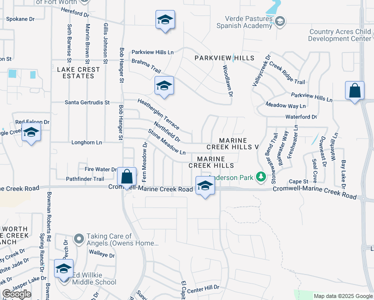 map of restaurants, bars, coffee shops, grocery stores, and more near 5521 Stone Meadow Lane in Fort Worth