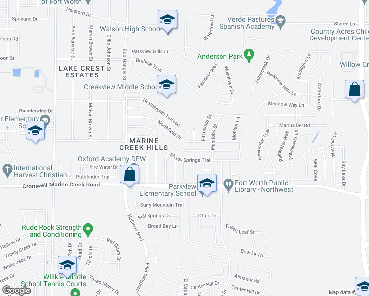 map of restaurants, bars, coffee shops, grocery stores, and more near 5536 Stone Meadow Lane in Fort Worth