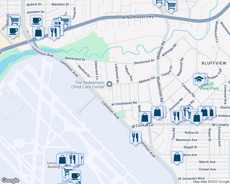 map of restaurants, bars, coffee shops, grocery stores, and more near 8423 Lakemont Drive in Dallas