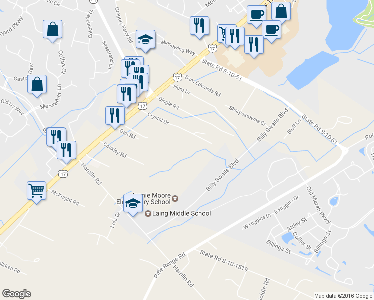 map of restaurants, bars, coffee shops, grocery stores, and more near 1179 Dan Road in Mount Pleasant