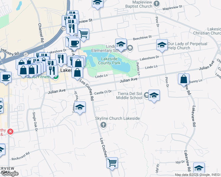 map of restaurants, bars, coffee shops, grocery stores, and more near 12738 Castle Court Drive in Lakeside