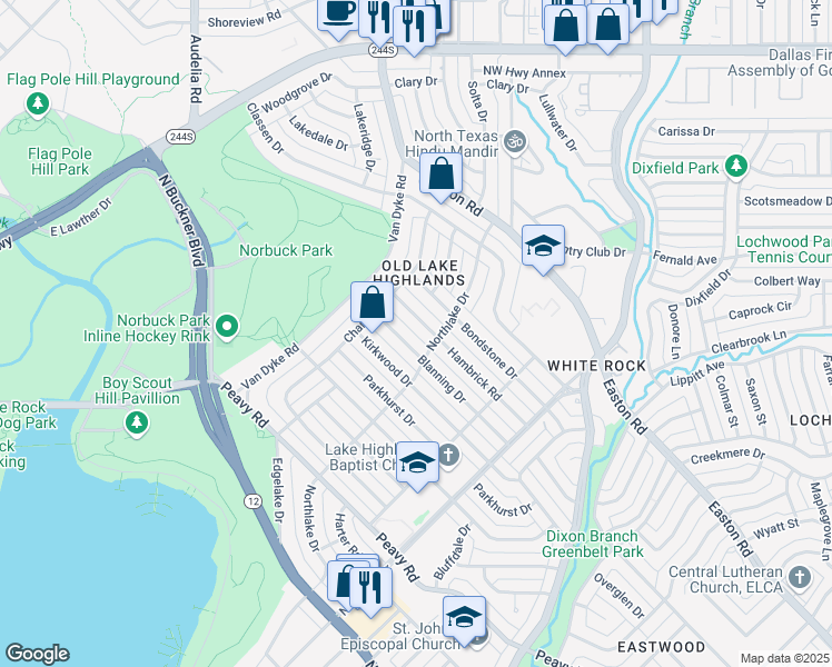 map of restaurants, bars, coffee shops, grocery stores, and more near 450 Blanning Drive in Dallas