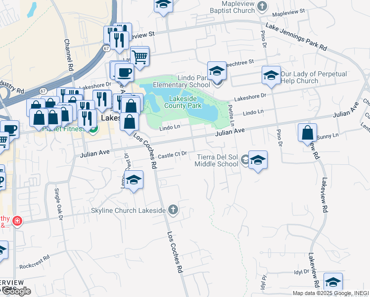 map of restaurants, bars, coffee shops, grocery stores, and more near 12738 Castle Court Drive in Lakeside