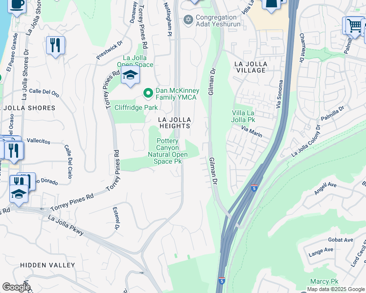 map of restaurants, bars, coffee shops, grocery stores, and more near 8205 La Jolla Scenic Drive North in San Diego