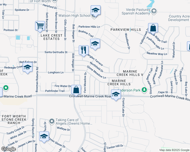 map of restaurants, bars, coffee shops, grocery stores, and more near 5704 Shady Springs Trail in Fort Worth
