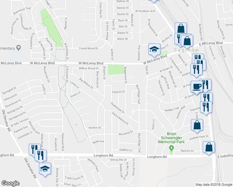 map of restaurants, bars, coffee shops, grocery stores, and more near 400 Indian Crest Drive in Saginaw