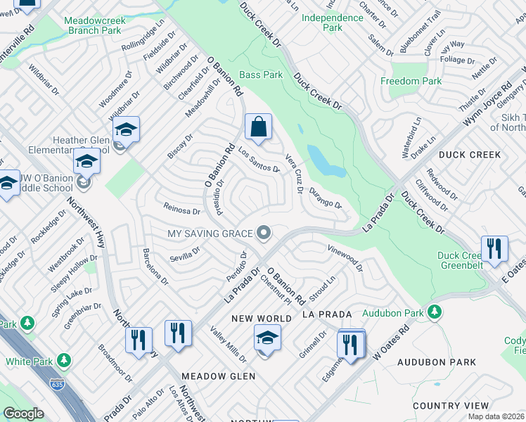 map of restaurants, bars, coffee shops, grocery stores, and more near 333 Crooked Creek in Garland