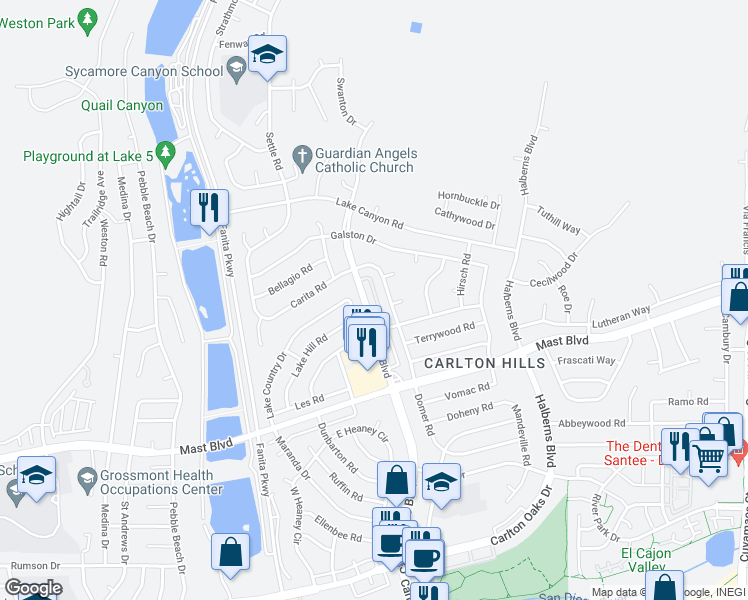 map of restaurants, bars, coffee shops, grocery stores, and more near 9719 Button Street in Santee