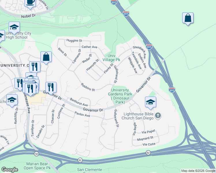 map of restaurants, bars, coffee shops, grocery stores, and more near 6699 Gullstrand Street in San Diego