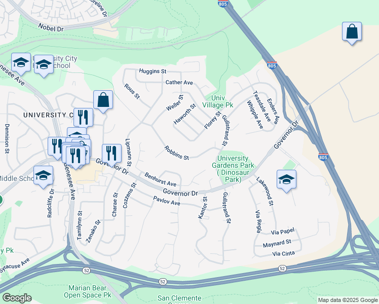 map of restaurants, bars, coffee shops, grocery stores, and more near 4679 Robbins Street in San Diego