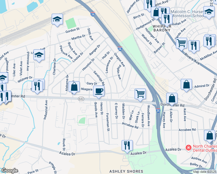 map of restaurants, bars, coffee shops, grocery stores, and more near 2702 Saratoga Road in North Charleston