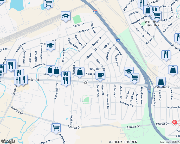 map of restaurants, bars, coffee shops, grocery stores, and more near 4003 Niagara Street in North Charleston