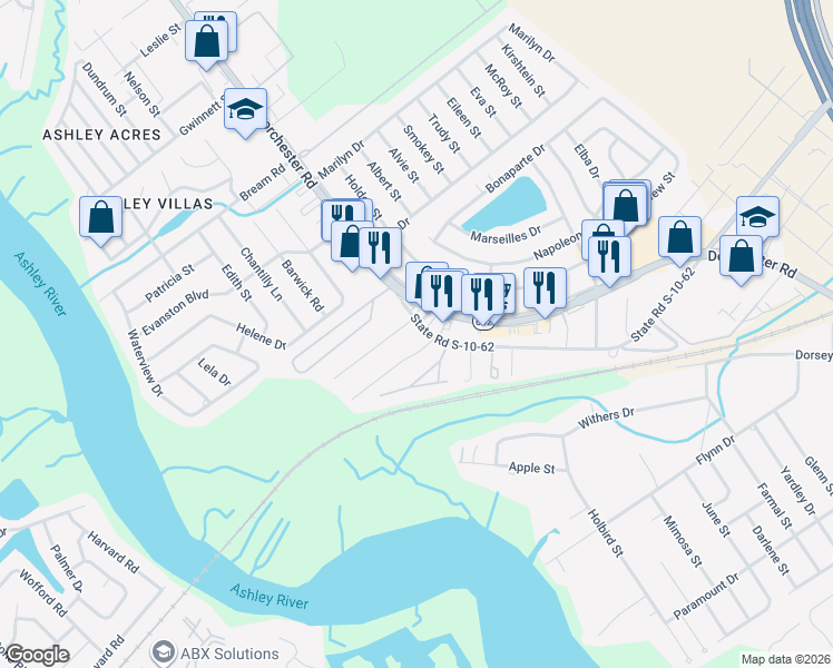 map of restaurants, bars, coffee shops, grocery stores, and more near 4611 Watkins Road in North Charleston