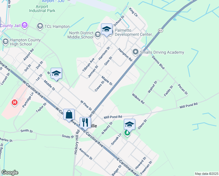 map of restaurants, bars, coffee shops, grocery stores, and more near 375 Main Street in Varnville