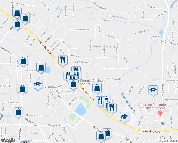 map of restaurants, bars, coffee shops, grocery stores, and more near 213 Riley Avenue in Macon