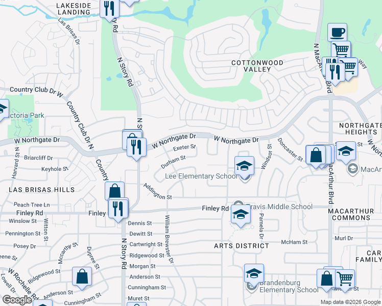 map of restaurants, bars, coffee shops, grocery stores, and more near 1913 Canterbury Street in Irving